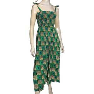 Royal Native Women’s Size S Green Bricks Cotton African Tie Shoulder Dress